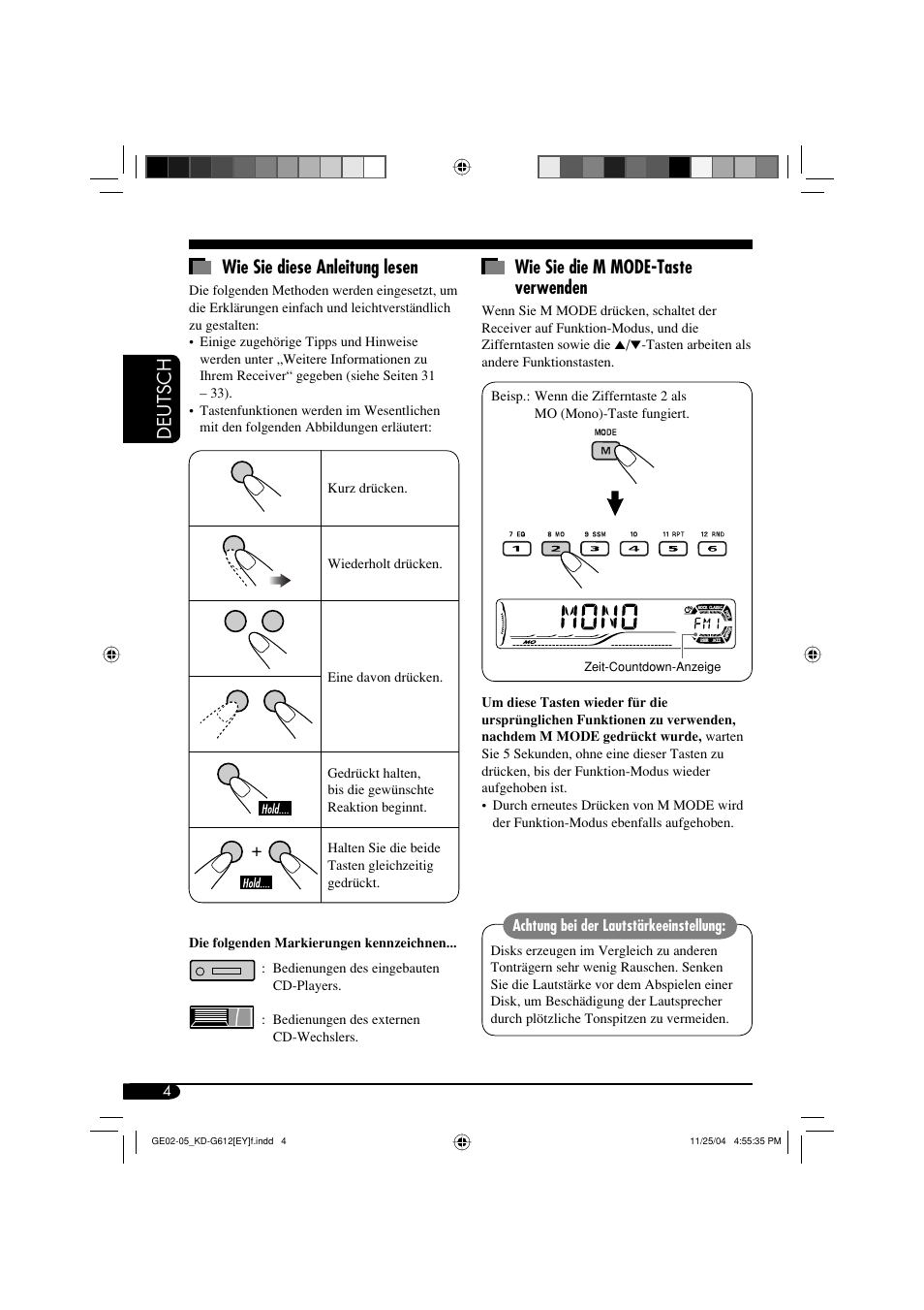 Deutsch wie sie diese anleitung lesen, Wie sie die m mode-taste verwenden | JVC KD-G511 User Manual | Page 40 / 111