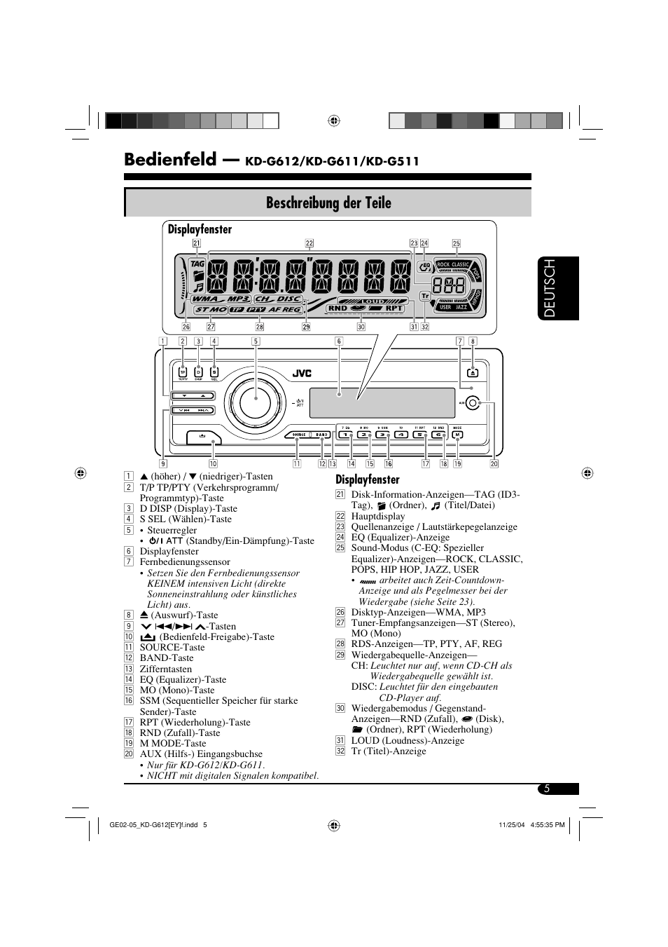 Bedienfeld, Beschreibung der teile, Deutsch | JVC KD-G511 User Manual | Page 41 / 111