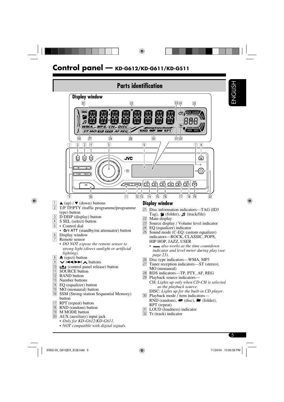 Control panel, Parts identification, English | JVC KD-G511 User Manual | Page 5 / 111