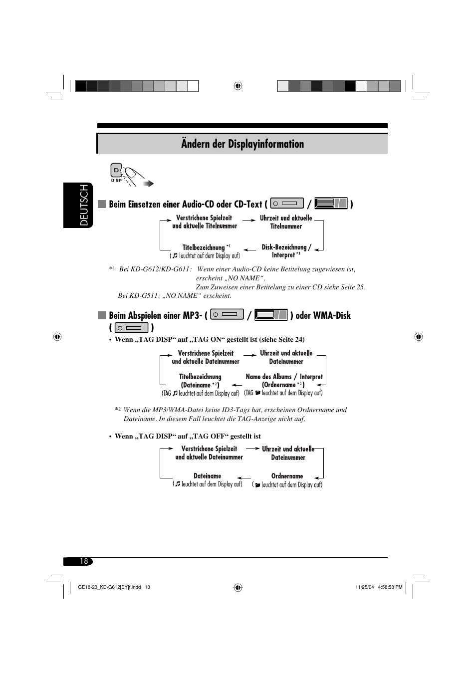 Ändern der displayinformation, Deutsch, Beim einsetzen einer audio-cd oder cd-text ( / ) | Beim abspielen einer mp3- ( / ) oder wma-disk ( ) | JVC KD-G511 User Manual | Page 54 / 111