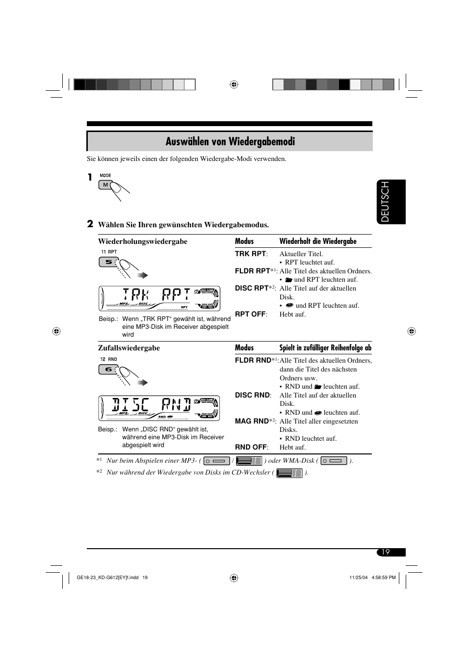 Auswählen von wiedergabemodi, Deutsch | JVC KD-G511 User Manual | Page 55 / 111