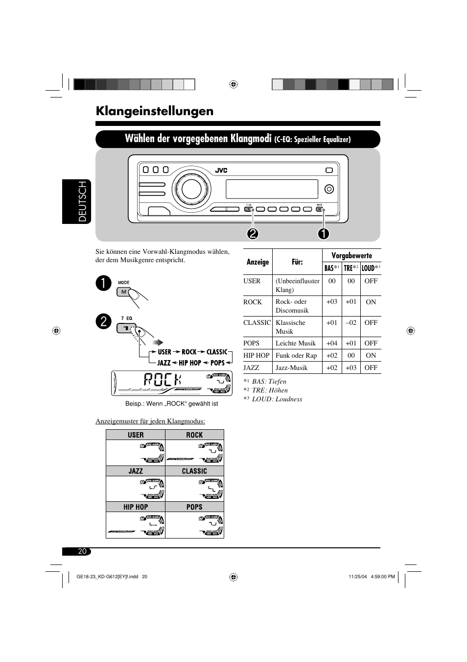 Klangeinstellungen, Wählen der vorgegebenen klangmodi, Deutsch | JVC KD-G511 User Manual | Page 56 / 111