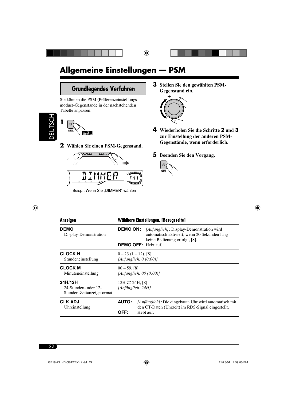 Allgemeine einstellungen — psm, Grundlegendes verfahren, Deutsch | JVC KD-G511 User Manual | Page 58 / 111