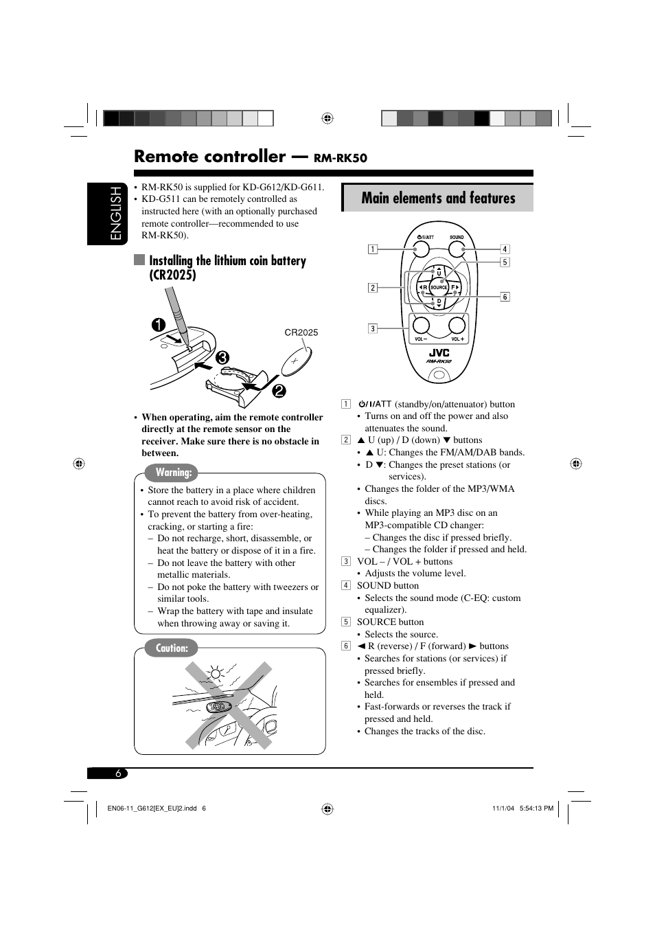 Remote controller, Main elements and features, English | Installing the lithium coin battery (cr2025) | JVC KD-G511 User Manual | Page 6 / 111