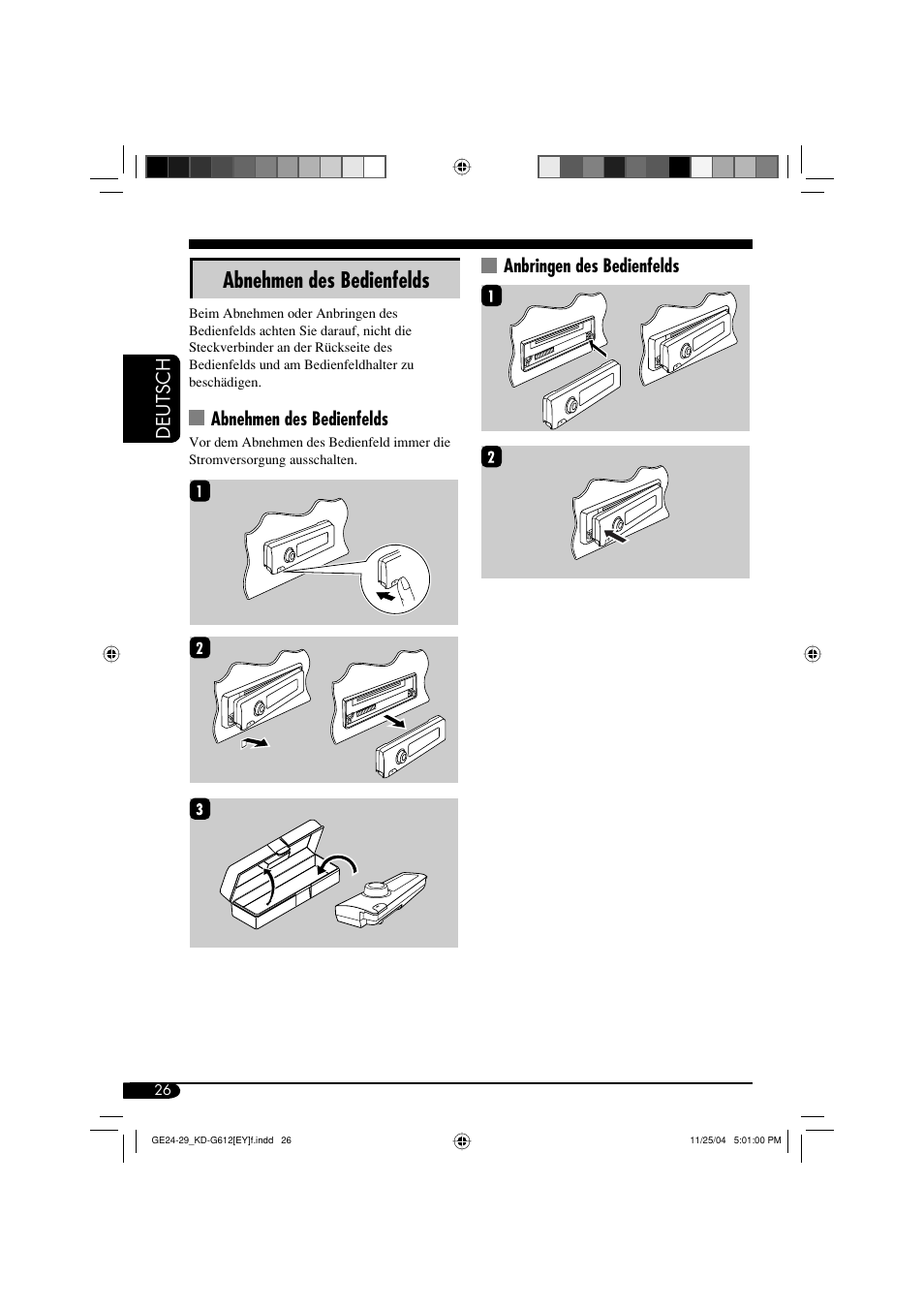 Abnehmen des bedienfelds, Deutsch, Anbringen des bedienfelds | JVC KD-G511 User Manual | Page 62 / 111