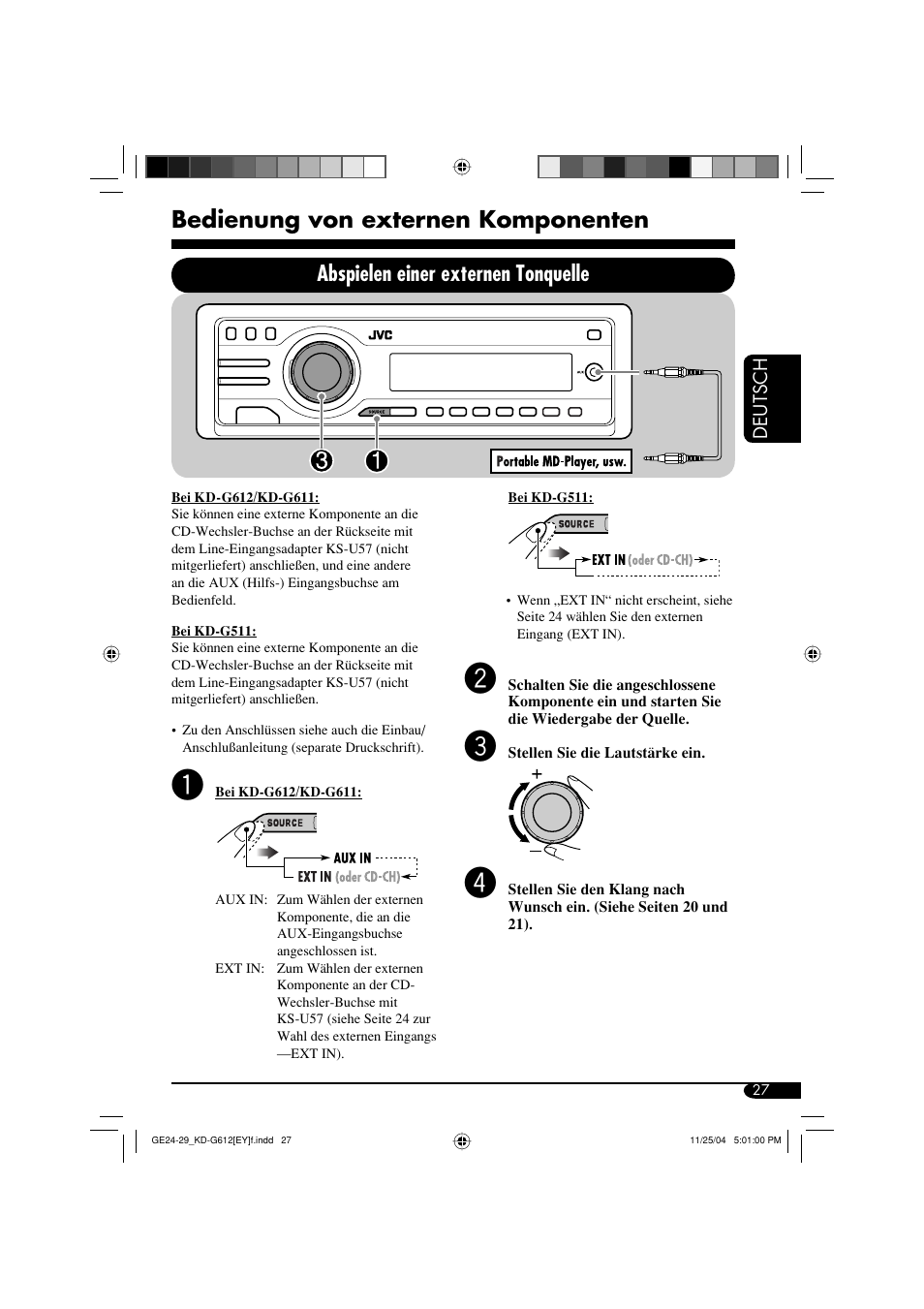 Bedienung von externen komponenten, Abspielen einer externen tonquelle | JVC KD-G511 User Manual | Page 63 / 111