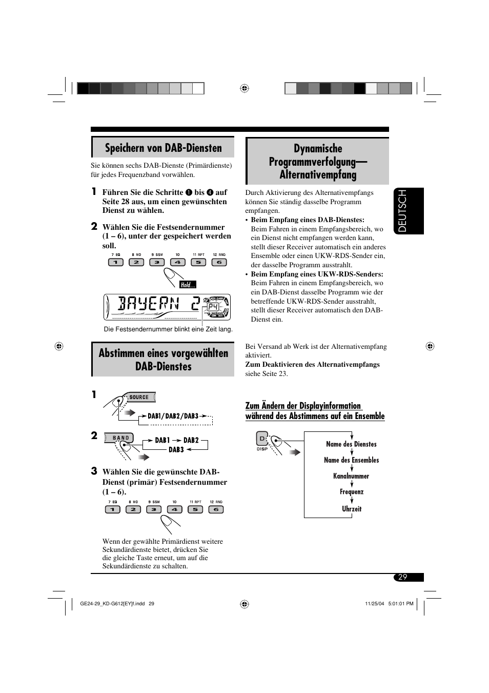 Speichern von dab-diensten, Abstimmen eines vorgewählten dab-dienstes, Dynamische programmverfolgung— alternativempfang | JVC KD-G511 User Manual | Page 65 / 111