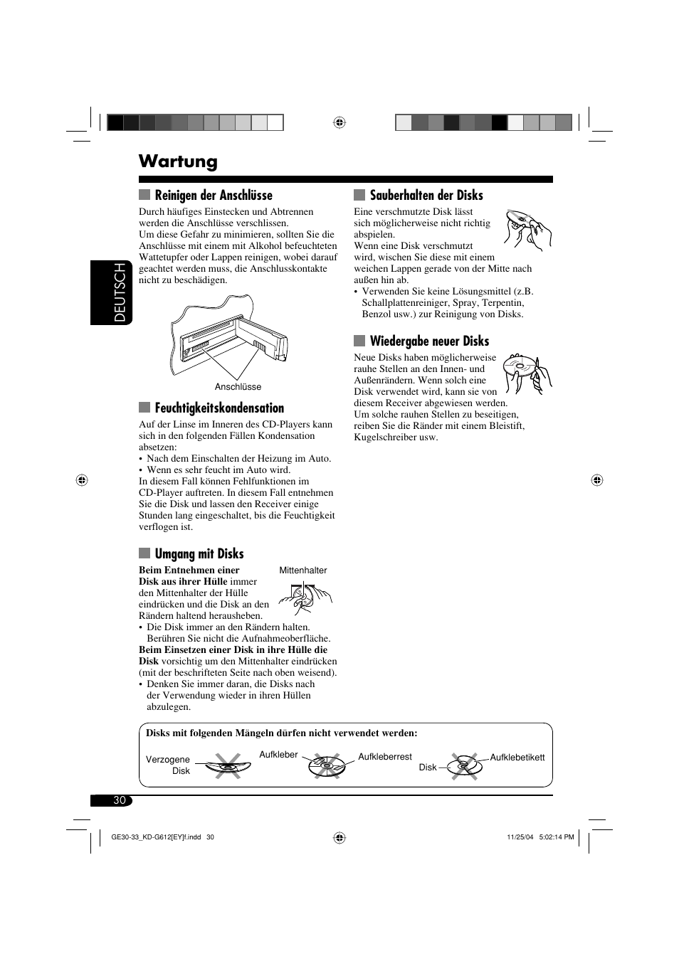 Wartung, Deutsch, Reinigen der anschlüsse | Feuchtigkeitskondensation, Umgang mit disks, Sauberhalten der disks, Wiedergabe neuer disks | JVC KD-G511 User Manual | Page 66 / 111