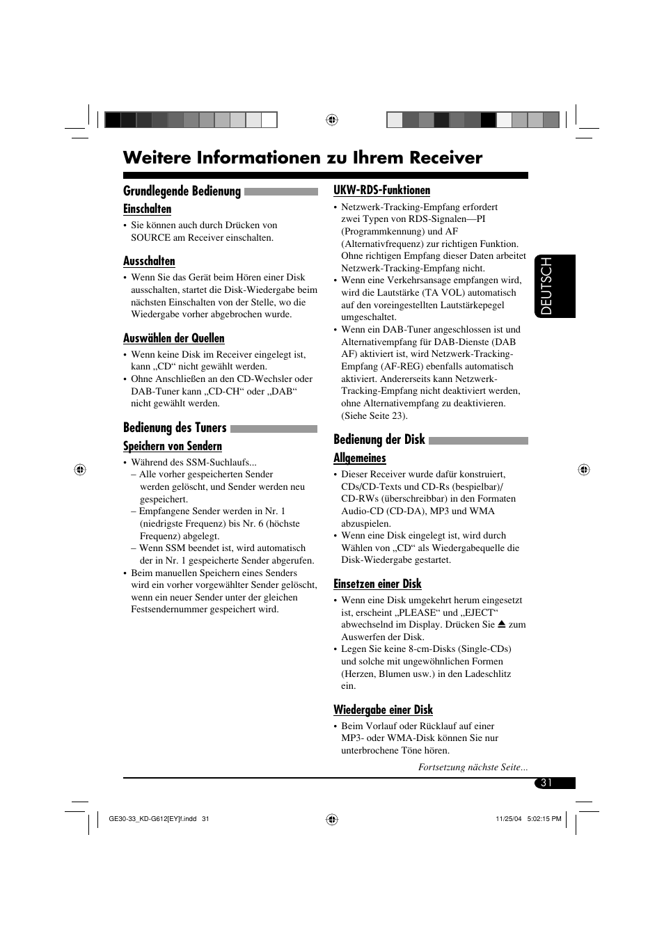 Weitere informationen zu ihrem receiver, Deutsch, Grundlegende bedienung | Bedienung des tuners, Bedienung der disk | JVC KD-G511 User Manual | Page 67 / 111