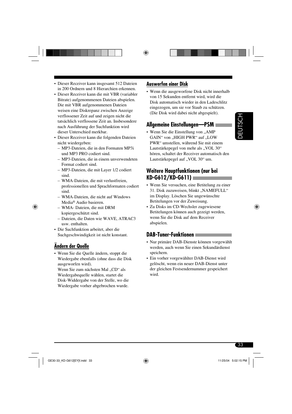 Deutsch, Allgemeine einstellungen—psm, Dab-tuner-funktionen | JVC KD-G511 User Manual | Page 69 / 111