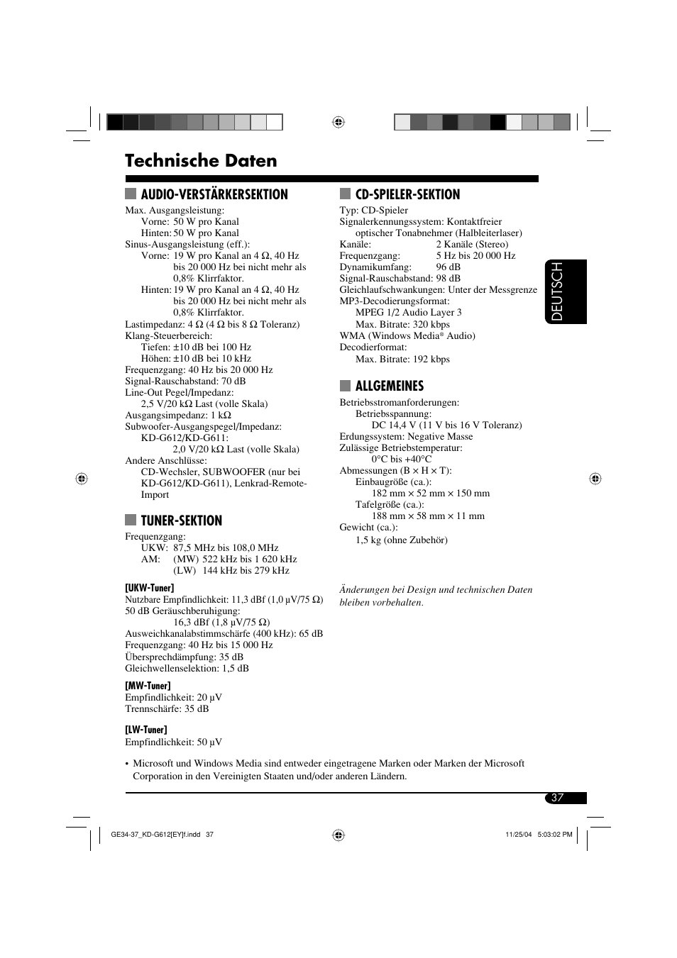 Technische daten, Deutsch, Audio-verstärkersektion | Tuner-sektion, Cd-spieler-sektion, Allgemeines | JVC KD-G511 User Manual | Page 73 / 111