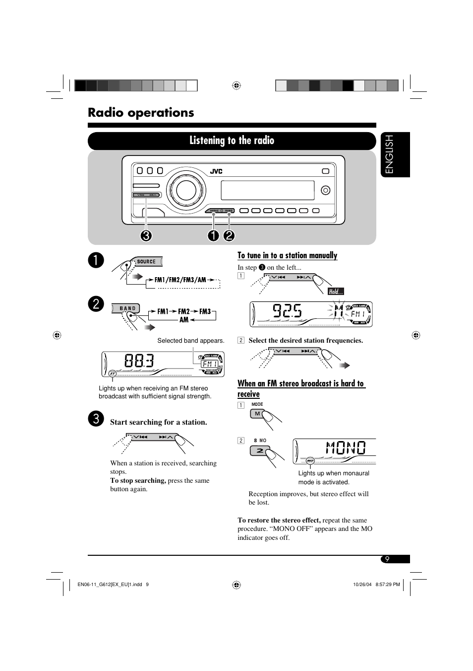 Radio operations, Listening to the radio | JVC KD-G511 User Manual | Page 9 / 111