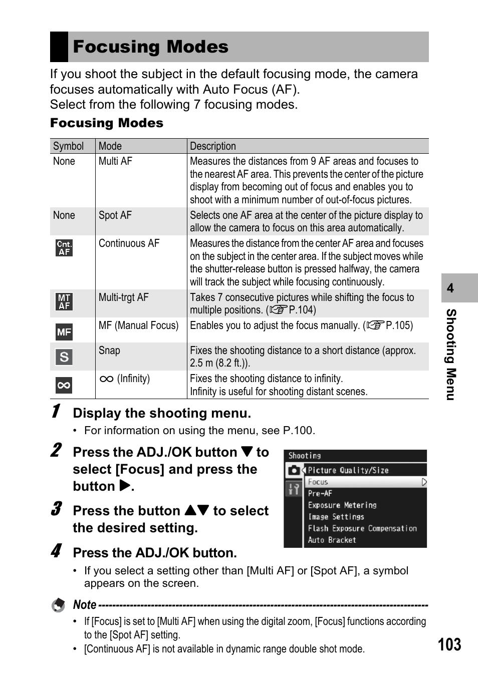 Focusing modes | Samsung CX2 User Manual | Page 105 / 248