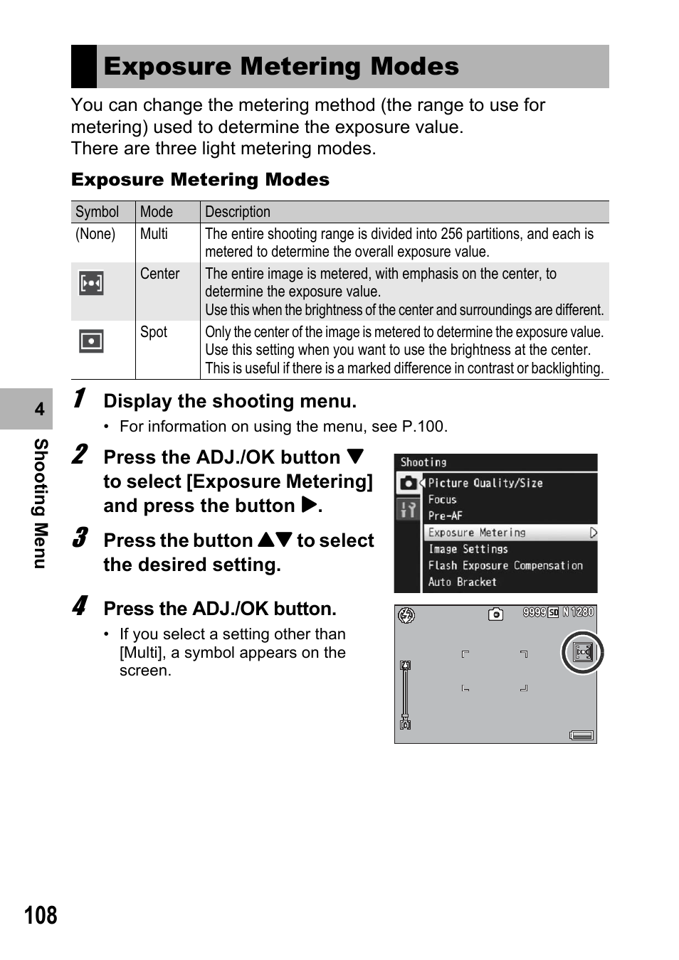 Exposure metering modes | Samsung CX2 User Manual | Page 110 / 248