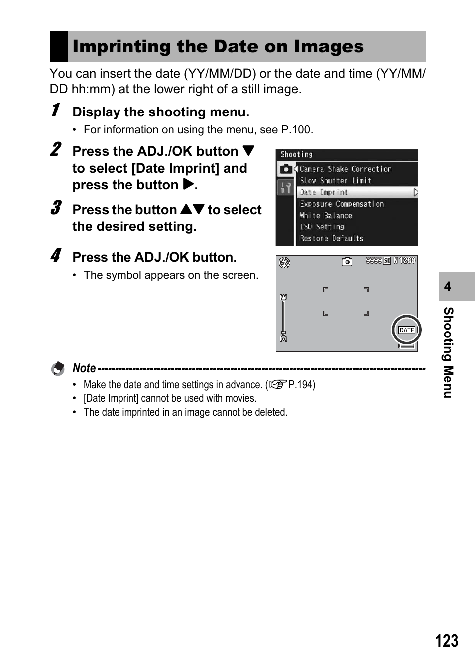 Imprinting the date on images | Samsung CX2 User Manual | Page 125 / 248