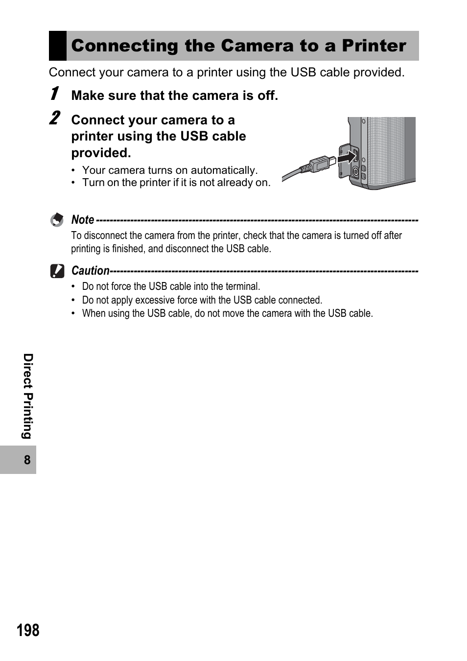 Connecting the camera to a printer | Samsung CX2 User Manual | Page 200 / 248