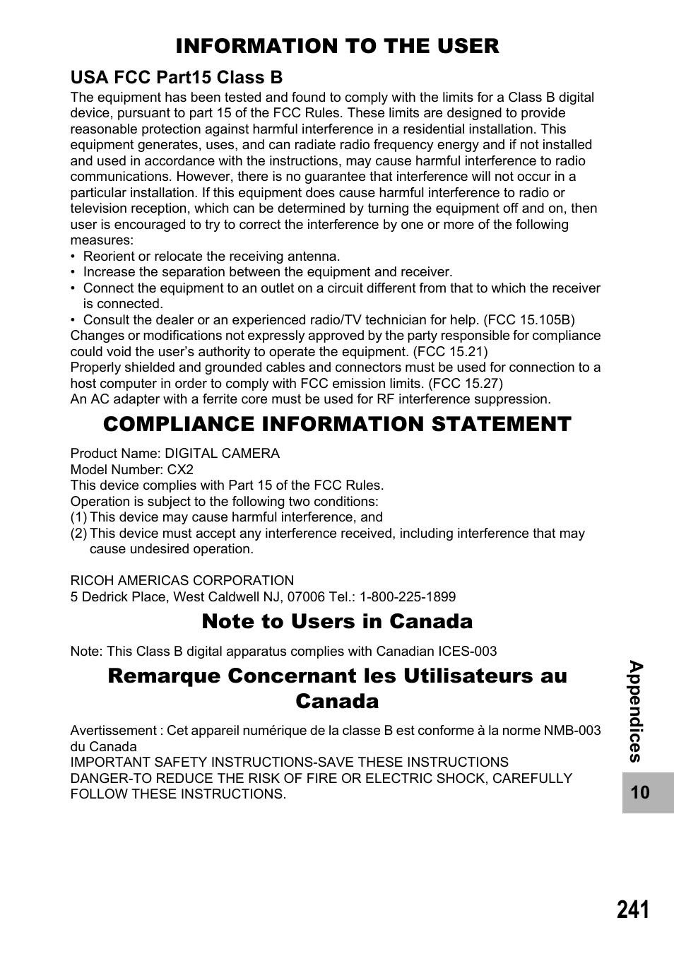 Information to the user, Compliance information statement, Remarque concernant les utilisateurs au canada | Samsung CX2 User Manual | Page 243 / 248