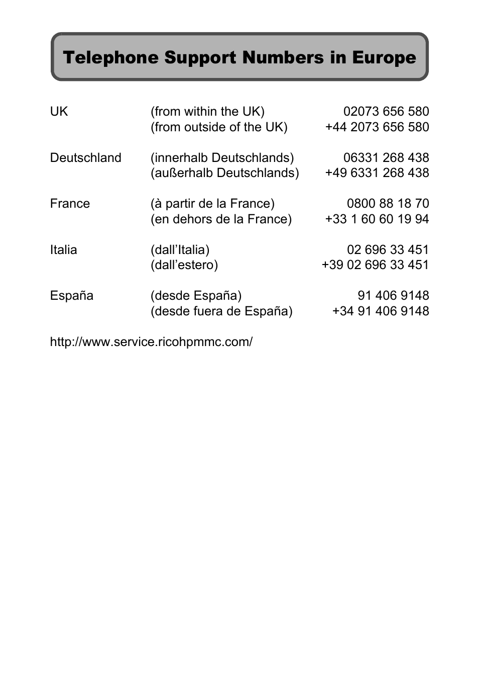 Telephone support numbers in europe | Samsung CX2 User Manual | Page 247 / 248