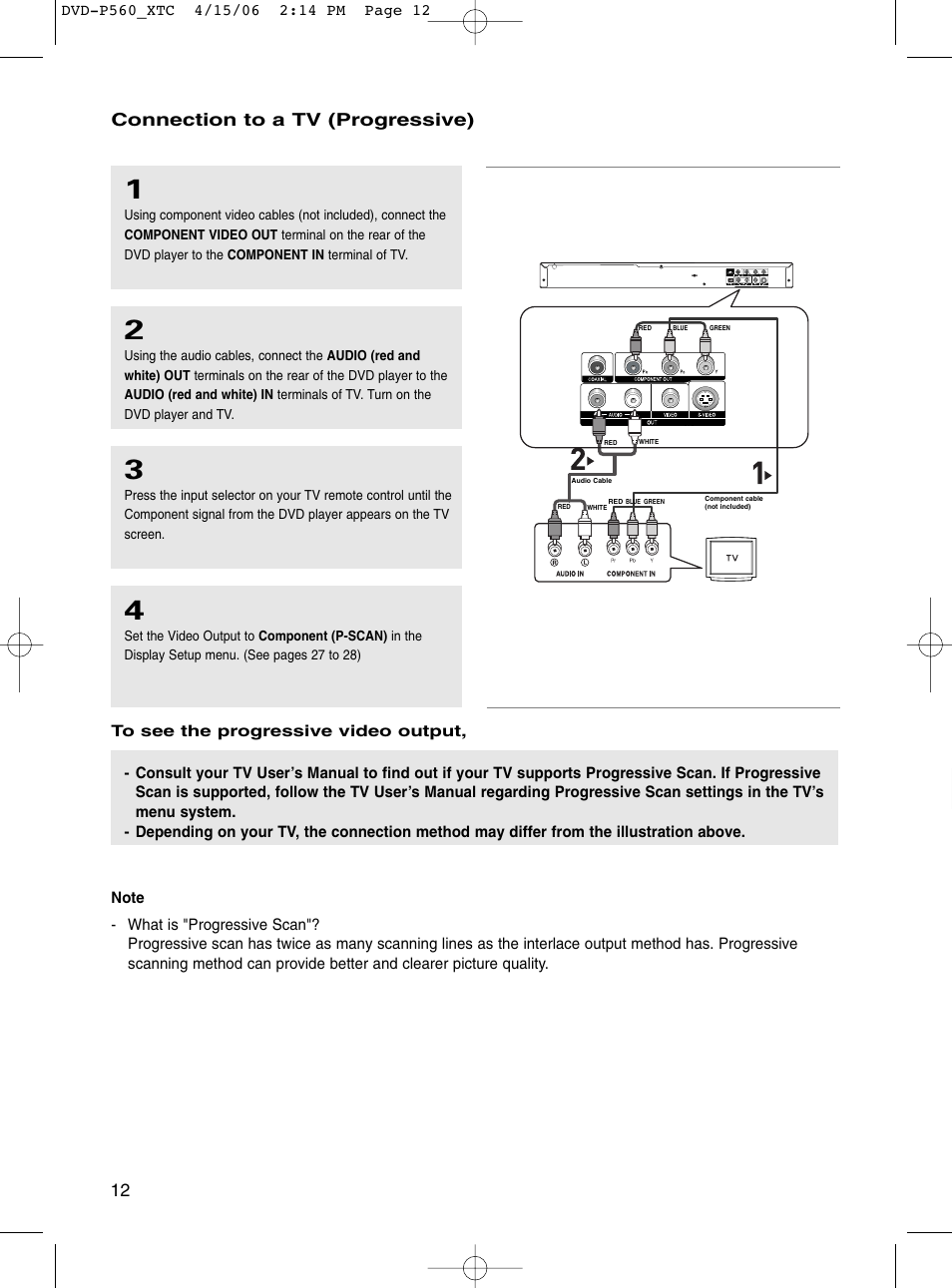 12 connection to a tv (progressive) | Samsung DVD-P560 User Manual | Page 12 / 36
