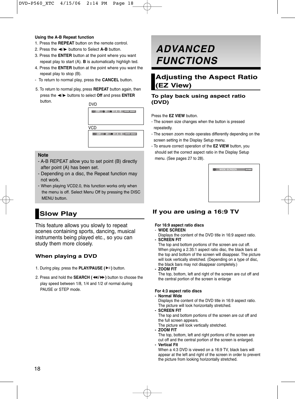 Slow play, Adv advanced anced functions functions, Adjusting the aspect ratio (ez view) | Adv anced anced functions functions | Samsung DVD-P560 User Manual | Page 18 / 36