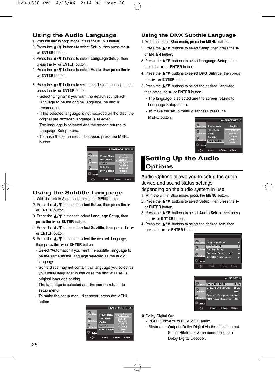 Setting up the audio options, 26 using the audio language, Using the subtitle language | Using the divx subtitle language | Samsung DVD-P560 User Manual | Page 26 / 36