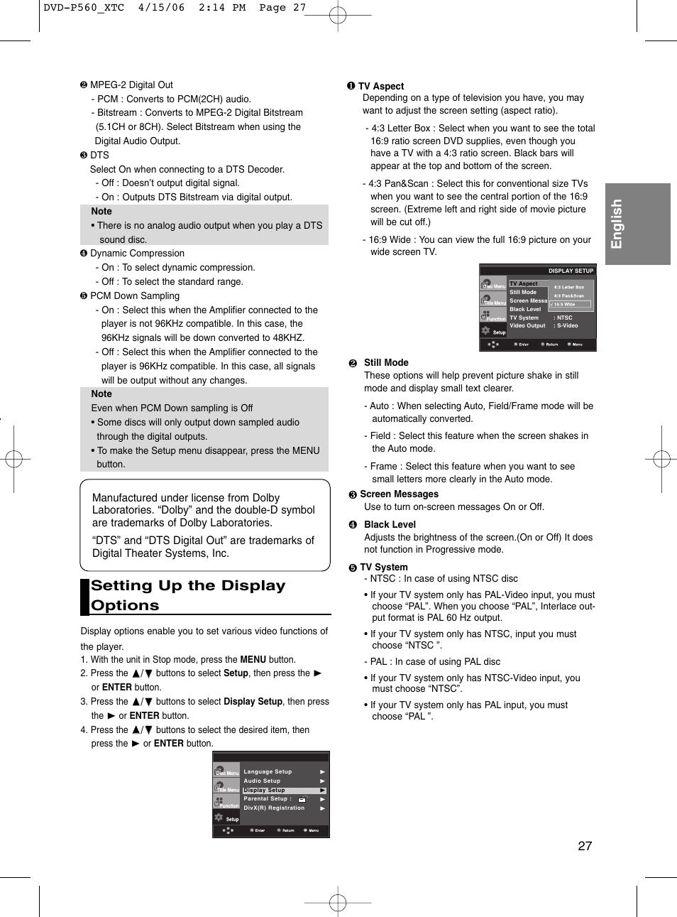 Setting up the display options, English | Samsung DVD-P560 User Manual | Page 27 / 36