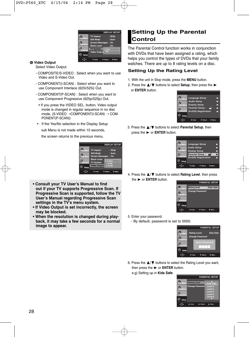 Setting up the parental control, Setting up the rating level | Samsung DVD-P560 User Manual | Page 28 / 36