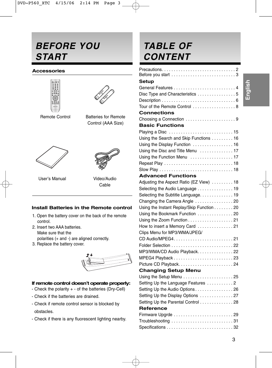 Before before you you st star art t, Before, Before you you st st ar ar t t | Table of able of content content | Samsung DVD-P560 User Manual | Page 3 / 36