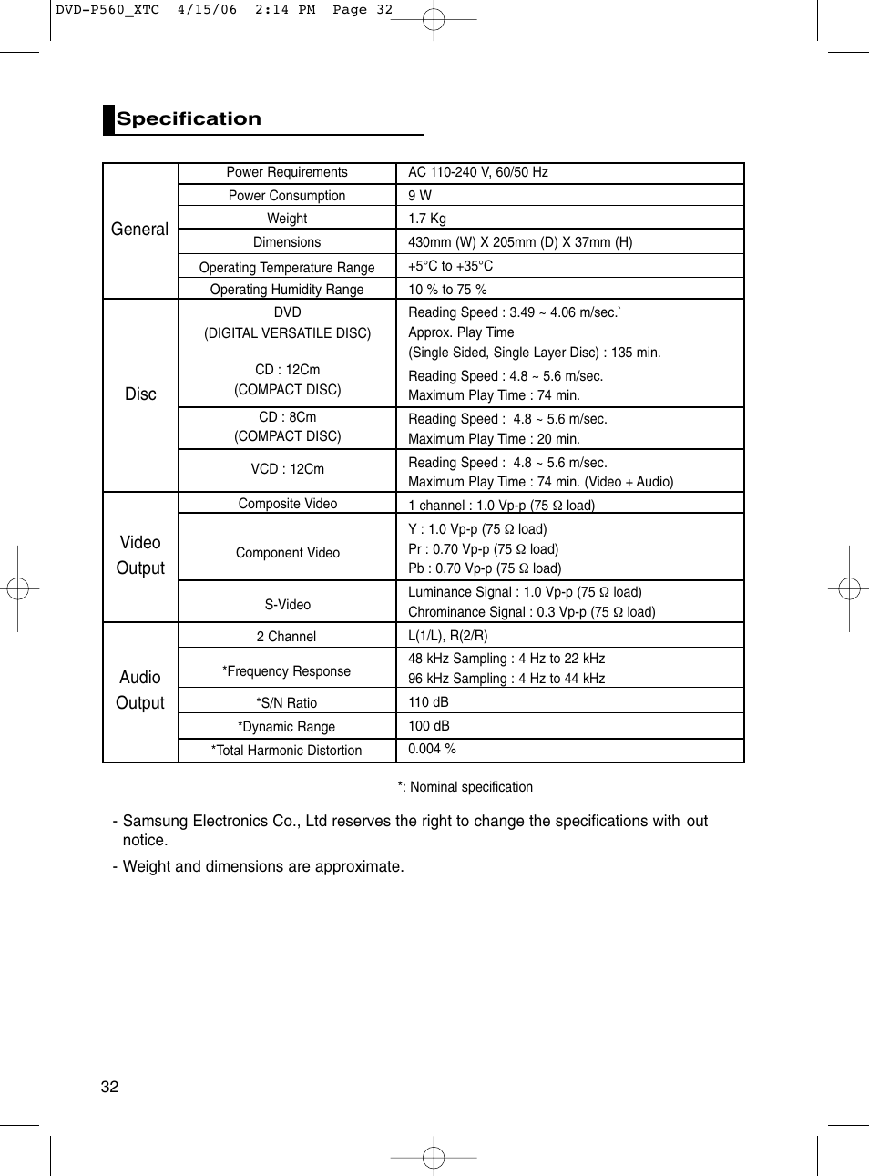 Specification | Samsung DVD-P560 User Manual | Page 32 / 36