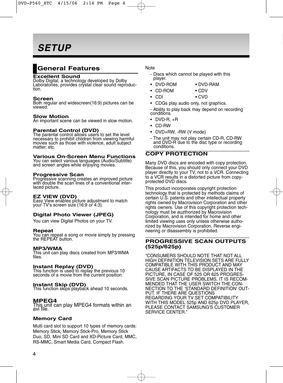 Setup setup, General features, Setup | Samsung DVD-P560 User Manual | Page 4 / 36