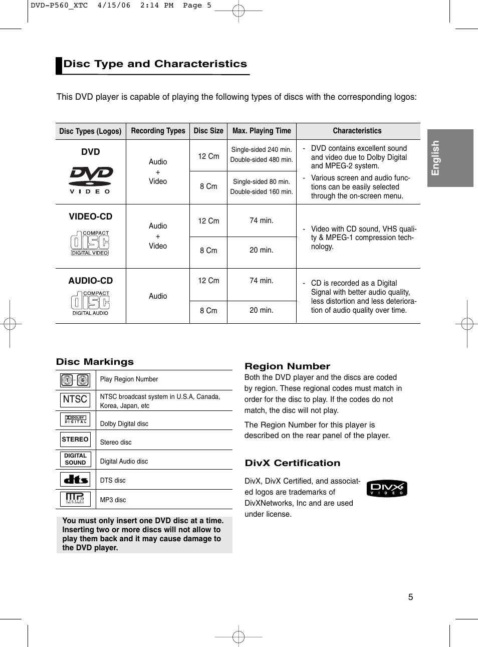 Disc type and characteristics, English disc type and characteristics, Ntsc | Samsung DVD-P560 User Manual | Page 5 / 36