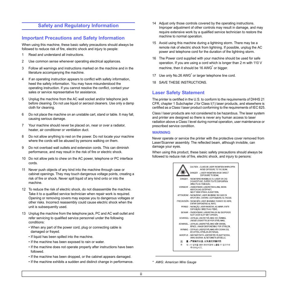 Safety and regulatory information, Important precautions and safety information, Laser safety statement | Samsung CLX-8380 User Manual | Page 11 / 186