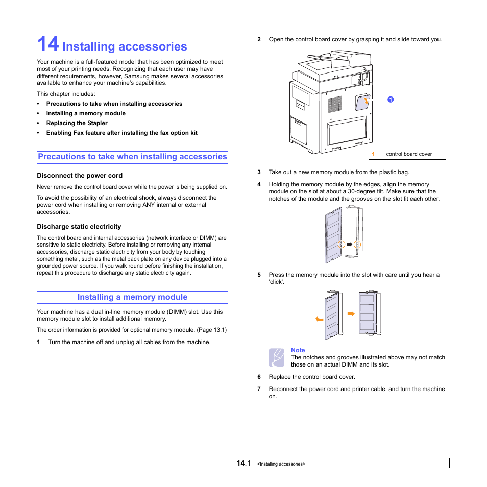 Installing accessories, Precautions to take when installing accessories, Installing a memory module | Samsung CLX-8380 User Manual | Page 123 / 186