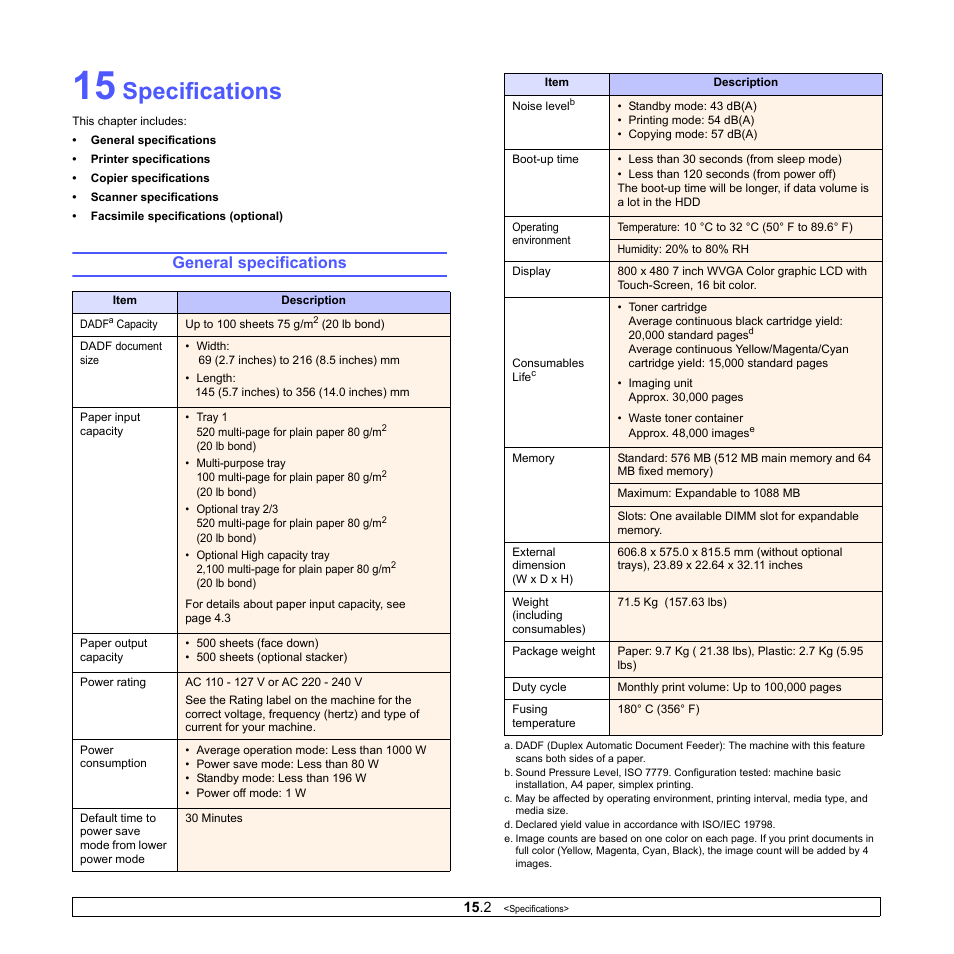 Specifications, General specifications | Samsung CLX-8380 User Manual | Page 126 / 186