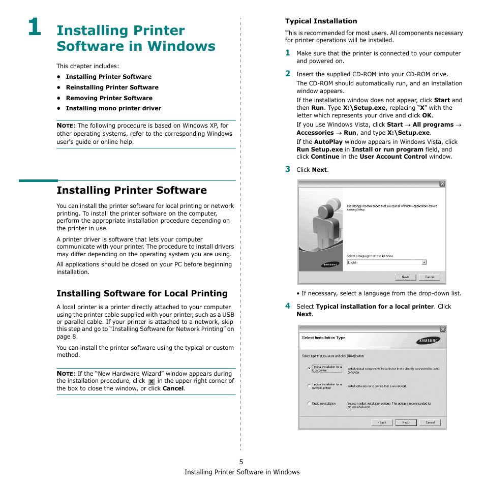 Installing printer software in windows, Installing printer software, Installing software for local printing | Chapter 1, Nstalling, Rinter, Oftware, Indows | Samsung CLX-8380 User Manual | Page 141 / 186