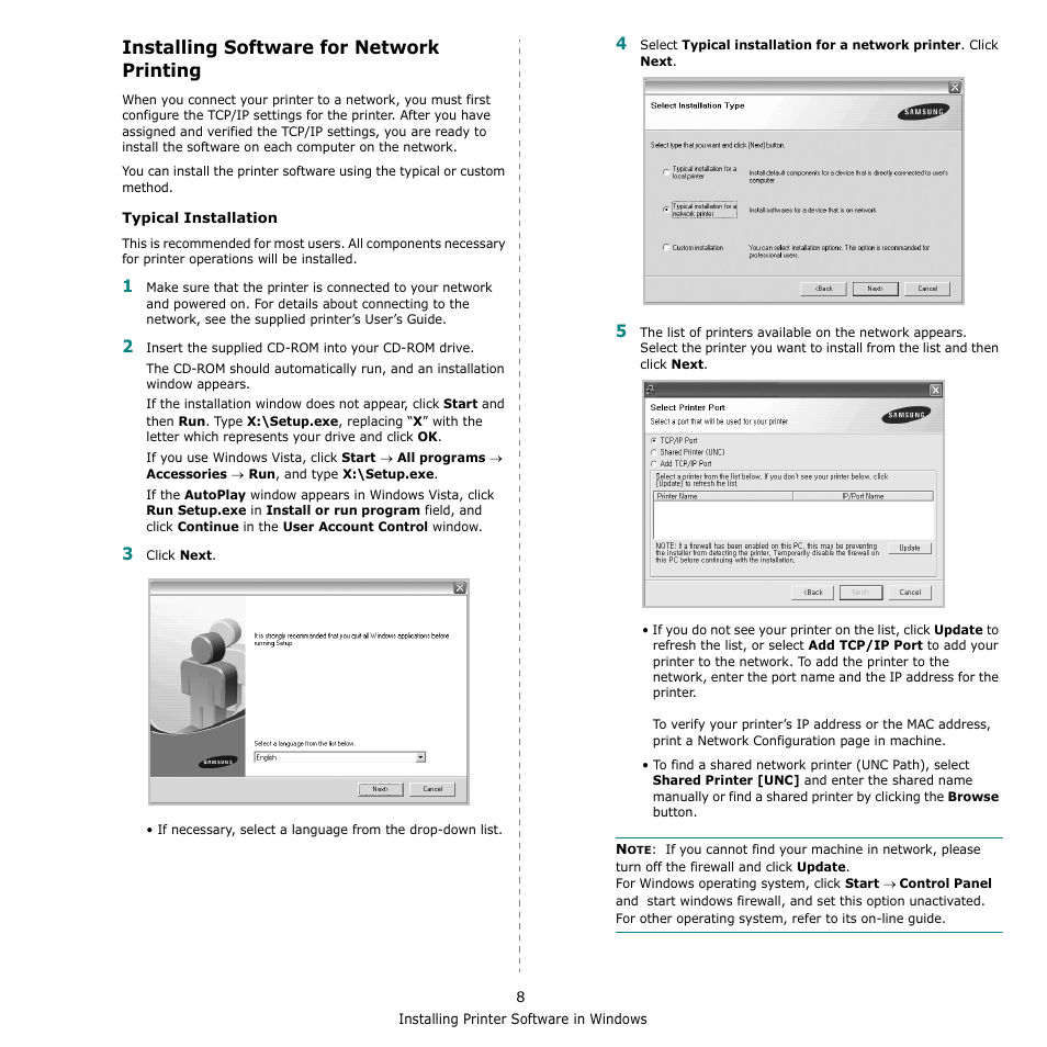 Installing software for network printing | Samsung CLX-8380 User Manual | Page 144 / 186