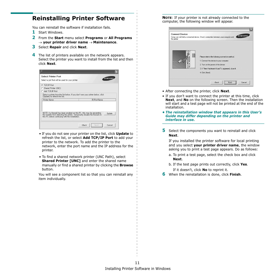 Reinstalling printer software | Samsung CLX-8380 User Manual | Page 147 / 186