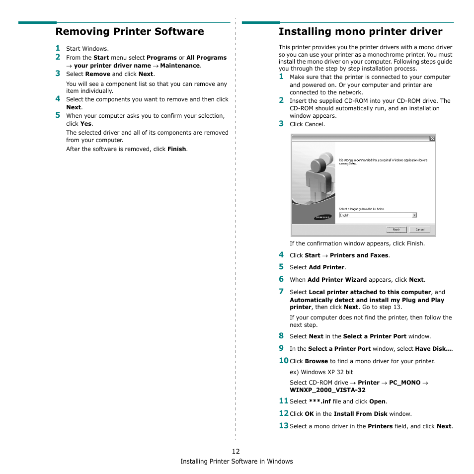 Removing printer software, Installing mono printer driver | Samsung CLX-8380 User Manual | Page 148 / 186