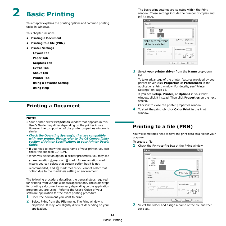 Basic printing, Printing a document, Printing to a file (prn) | Chapter 2, Asic, Rinting, Printing a document printing to a file (prn) | Samsung CLX-8380 User Manual | Page 150 / 186