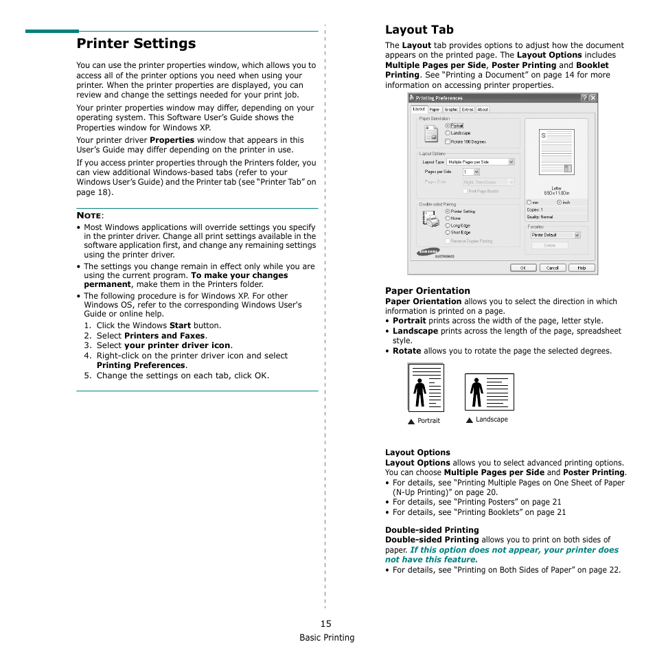 Printer settings, Layout tab | Samsung CLX-8380 User Manual | Page 151 / 186