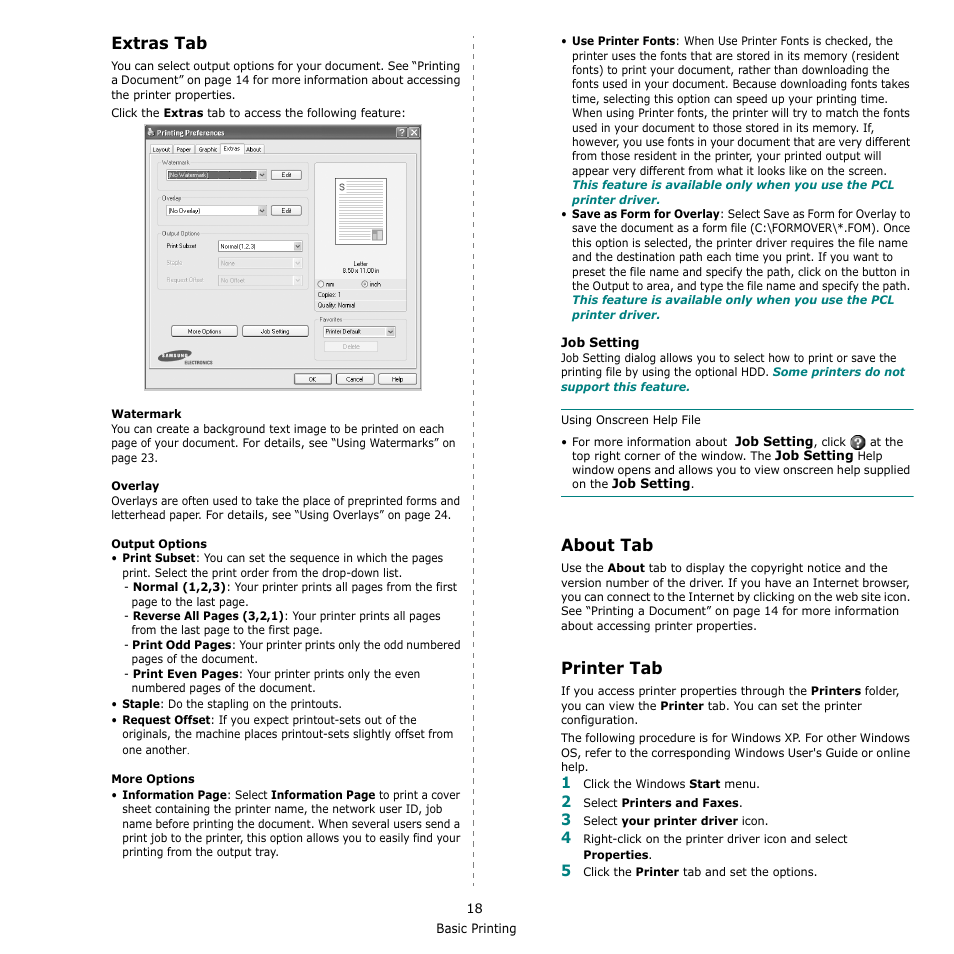 Extras tab, About tab, Printer tab | Extras tab about tab printer tab, Extras tab - about tab - printer tab | Samsung CLX-8380 User Manual | Page 154 / 186