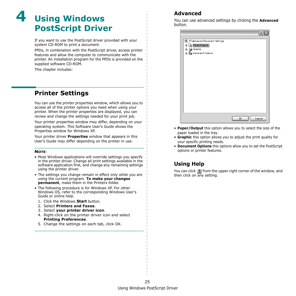 Using windows postscript driver, Printer settings, Advanced | Using help, Chapter 4, Sing, Indows, Cript, River, Advanced using help | Samsung CLX-8380 User Manual | Page 161 / 186