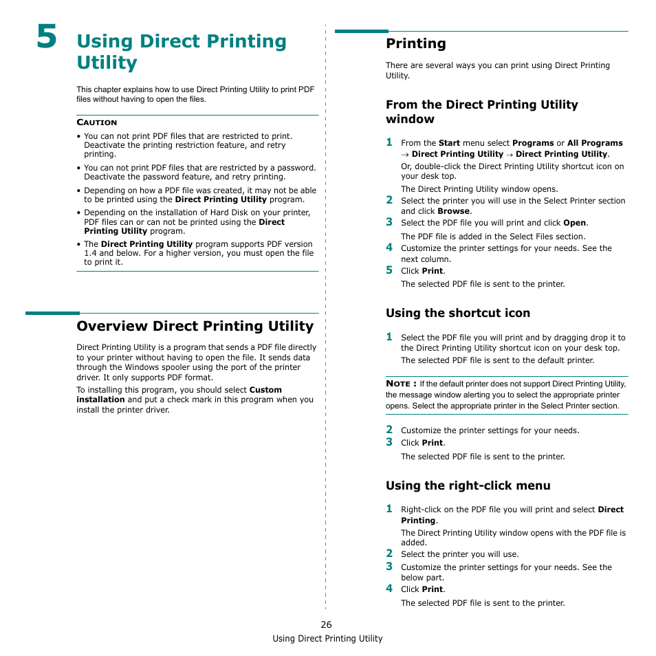 Using direct printing utility, Overview direct printing utility, Printing | From the direct printing utility window, Using the shortcut icon, Using the right-click menu, Chapter 5, Sing, Irect, Rinting | Samsung CLX-8380 User Manual | Page 162 / 186