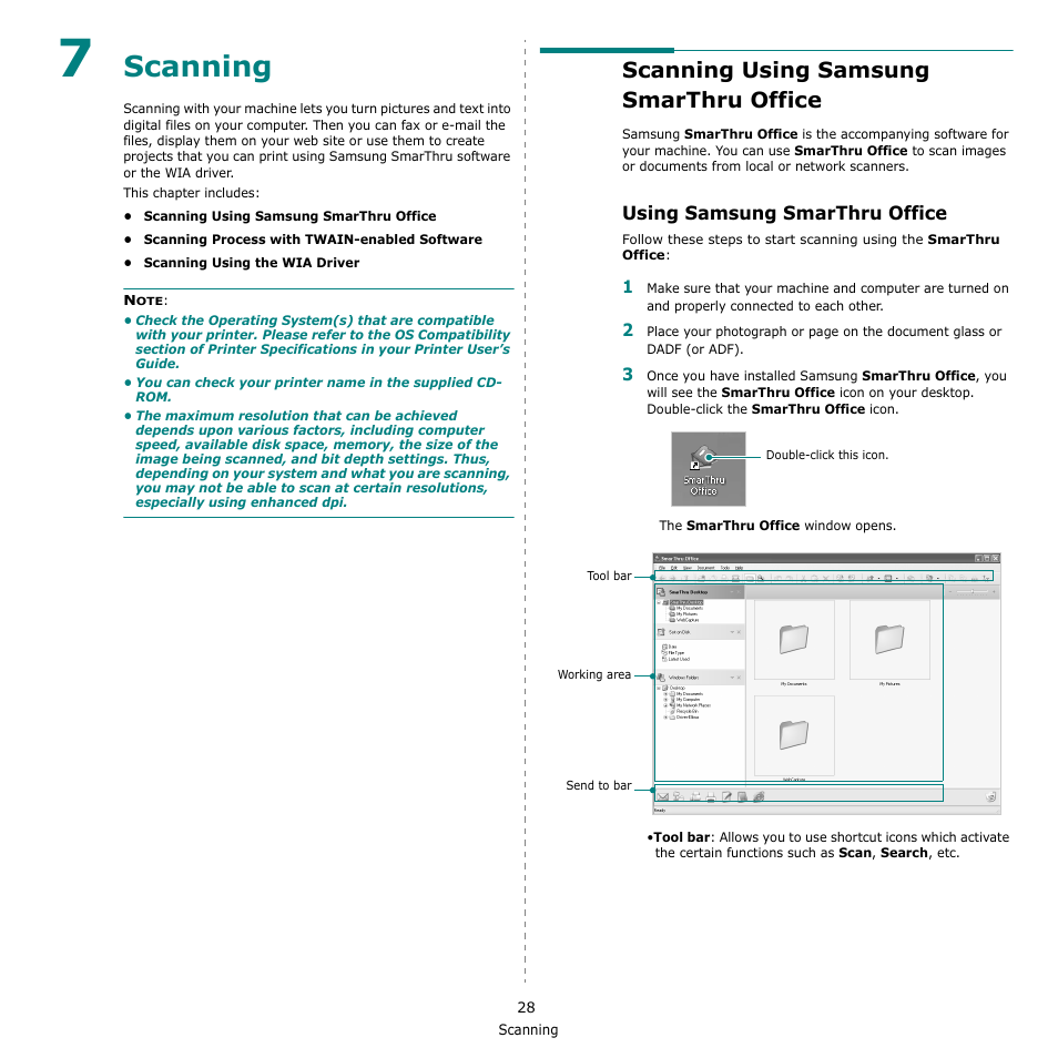 Scanning, Scanning using samsung smarthru office, Using samsung smarthru office | Chapter 7, Canning | Samsung CLX-8380 User Manual | Page 164 / 186