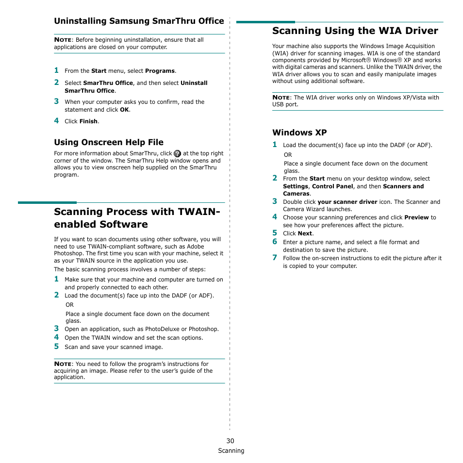 Uninstalling samsung smarthru office, Using onscreen help file, Scanning process with twain- enabled software | Scanning using the wia driver, Windows xp | Samsung CLX-8380 User Manual | Page 166 / 186