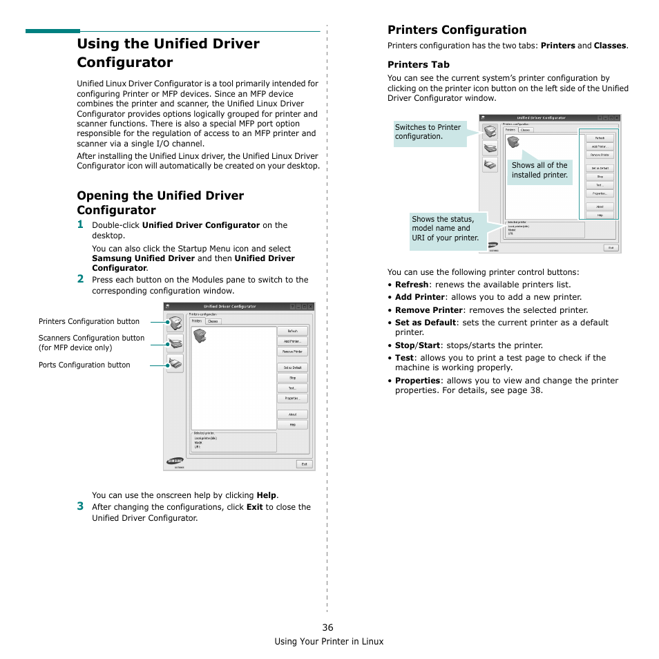 Using the unified driver configurator, Opening the unified driver configurator, Printers configuration | Samsung CLX-8380 User Manual | Page 172 / 186