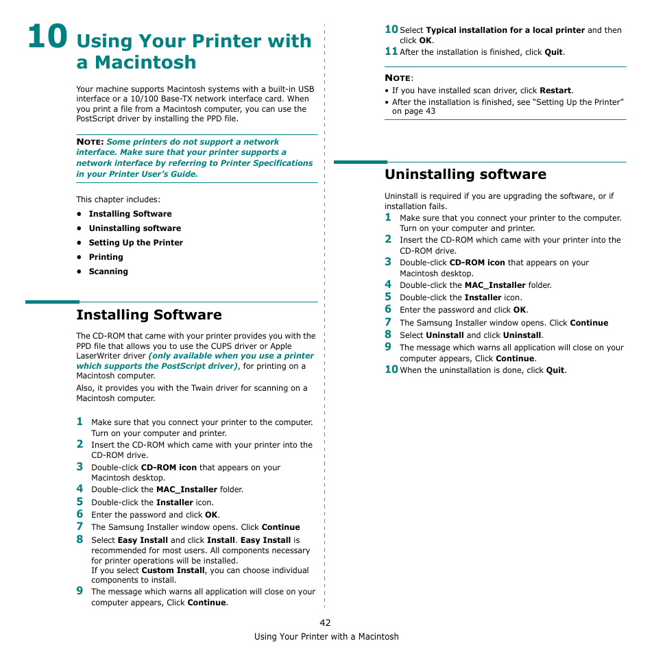 Using your printer with a macintosh, Installing software, Uninstalling software | Chapter 10, Sing, Rinter, With, Acintosh, Installing software uninstalling software | Samsung CLX-8380 User Manual | Page 178 / 186