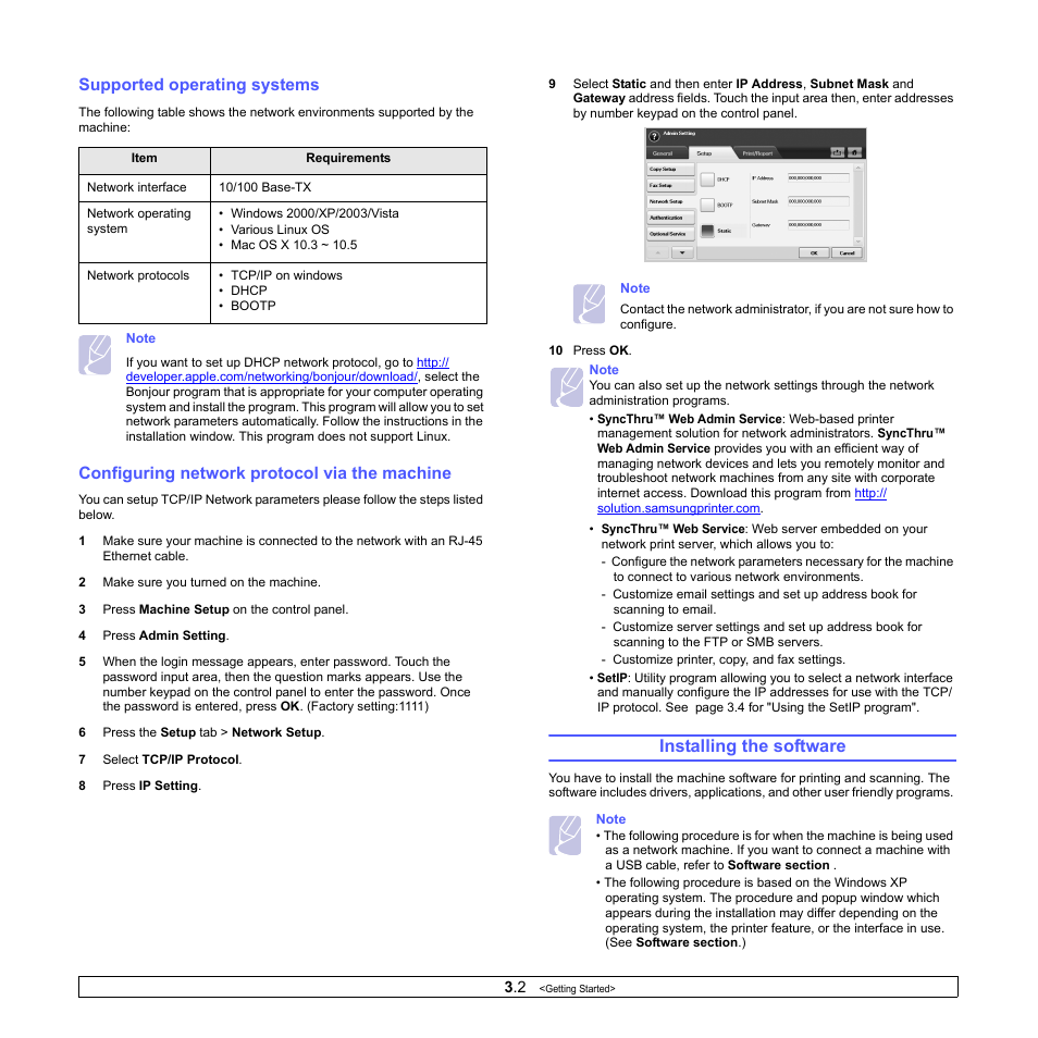 Supported operating systems, Configuring network protocol via the machine, Installing the software | Samsung CLX-8380 User Manual | Page 28 / 186