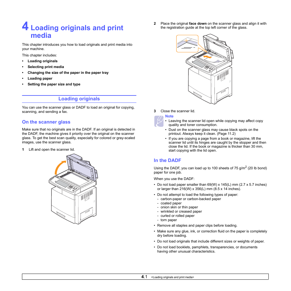 Loading originals and print media, Loading originals, On the scanner glass | In the dadf, On the scanner glass in the dadf | Samsung CLX-8380 User Manual | Page 34 / 186