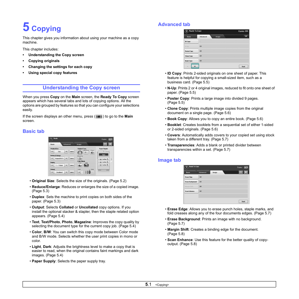 Copying, Understanding the copy screen, Basic tab | Advanced tab, Image tab, Basic tab advanced tab image tab | Samsung CLX-8380 User Manual | Page 43 / 186